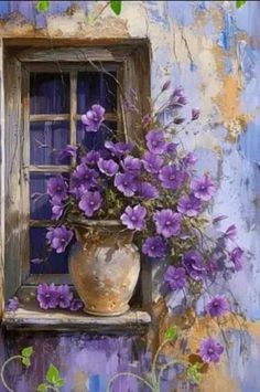 a painting of purple flowers in a window sill