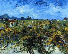 a painting of people in a field with blue sky and green grass, one person holding an umbrella