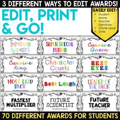 editt, print and go awards for students to use in their classroom's library