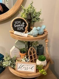 a three tiered shelf with plants and signs on it, in front of a mirror