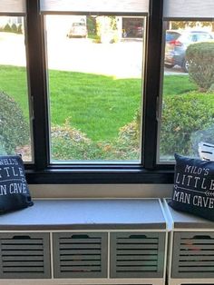 two pillows sitting on top of a window sill next to bins filled with books