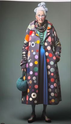 an old woman in a polka dot coat holding a blue purse and wearing black shoes