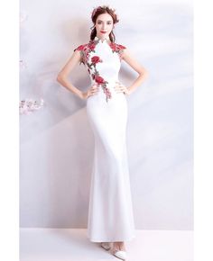 Buy Chinese Retro Cheongsam Style Long White Formal Dress With Flowers at wholesale price online. Free shipping and pro custom service since 2009. Luxury Long Cheongsam For Women, Luxury White Dress With Mandarin Collar, Luxury Cheongsam For Formal Occasions, Luxury Fitted White Cheongsam, Chinese New Year Dress Modern, Chinese Wedding Dress Modern White, Sleeveless Spring Wedding Cheongsam, Spring Wedding Sleeveless Cheongsam, White Full Length Spring Dresses