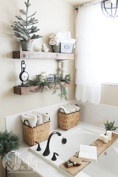 a bath room with a jacuzzi tub and two shelves filled with towels on top of it