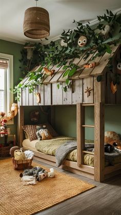 there is a bunk bed with plants growing on the top and bottom shelves above it