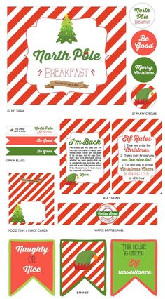 christmas themed printables for the holiday season, including red and green striped paper