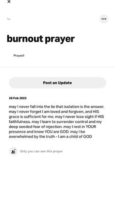 the screenshote page for burnout prayer, which is displayed on an iphone