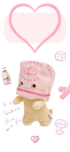 a teddy bear wearing a pink hat and holding a bottle with the word love written on it