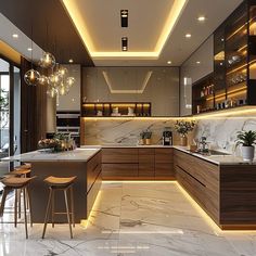 a modern kitchen with marble counter tops and wooden cabinets, along with bar stools