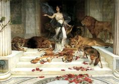 a painting of a woman surrounded by lions and other animals, with a winged figure in the background