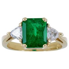 2.59 Carat Green Emerald and Trillion Diamond Three-Stone Engagement Ring | From a unique collection of vintage Engagement Rings at https://www.1stdibs.com/jewelry/rings/engagement-rings/. Trillion Cut Diamond Ring, Trillion Diamonds, Contemporary Engagement Rings, Single Ladies, Wedding Info, Diamonds Ring, Rings Engagement, Three Stone Engagement, Three Stone Engagement Rings