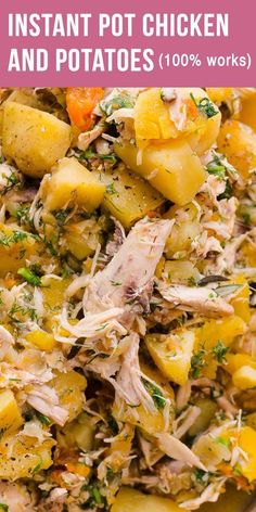 instant pot chicken and potatoes in a bowl with text overlay that reads instant pot chicken and potatoes 100 % works