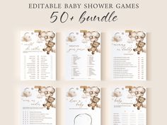 a baby shower game with teddy bears on it and the words, editable baby shower games 50 + bundle