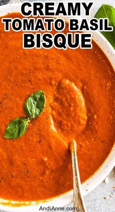 a bowl of creamy tomato basil bisque