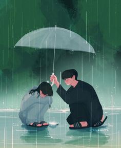 a man kneeling down next to a woman under an umbrella in the rain while it rains