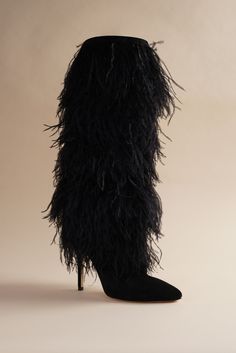 The Palms Boot in Black bird. A to the knee black boot adorned with black feathers for a whimsical show stopping entrance wherever you go. Brother Vellies, Amber Rose, Heels Classy, Knee Boot, Beautiful Boots, Black Feathers, Boot Brands, Pretty Shoes, Shoe Obsession