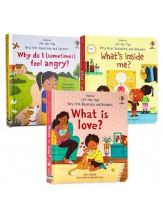 three children's books are shown with the title, what is love? and what do i sometimes feel angry?