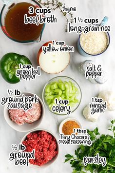 the ingredients for this recipe are shown in small bowls and labeled with their corresponding names