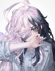 an anime character with long hair and glasses pointing to the side while wearing eyeglasses