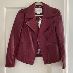 Nwt Anthro Leather Jacket. Gorgeous Deep Red/Maroon Color. Form-Fitting With A Small Puff-Shoulder Sleeve. Smoke-Free Home. Trendy Fitted Burgundy Leather Jacket, Chic Fitted Burgundy Biker Jacket, Chic Fitted Burgundy Outerwear, Burgundy Leather Jacket For Spring Workwear, Trendy Burgundy Leather Jacket For Spring, Spring Burgundy Biker Jacket, Fitted Burgundy Leather Jacket For Spring, Leather Elbow Patches, Panel Jacket