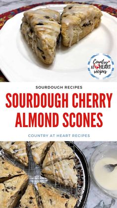 sourdough cherry almond scones on a plate next to a glass of milk