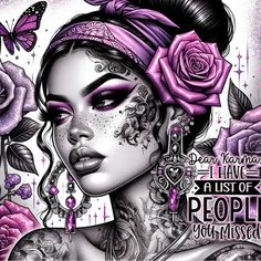 a drawing of a woman with tattoos and roses on her head, in front of a purple background