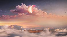 a boat floating on top of clouds in the sky with a half moon above it