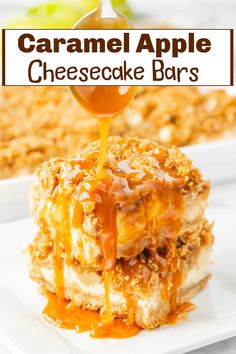 caramel apple cheesecake bars are stacked on top of each other and drizzled with caramel sauce