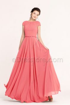 Coral Modest Prom Dresses Cap Sleeves Cap Sleeves Prom Dress, Light Pink Bridesmaid Dresses Modest, Modest Grad Dress, Modest Formal Dresses With Sleeves, Modest Fancy Dresses, Simple Prom Dress Modest, Modest Prom Dresses With Sleeves, Modest Prom Dresses For Teens, Prom Dresses Cap Sleeves