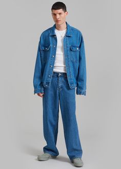 Color: Medium Wash Midweight cotton denim Low rise Straight leg Slant hip pockets Back flap pockets Front button closure Zip fly Unlined 100% Cotton Hand Wash Cold Imported Double Denim Men, Easter 2024, Denim Men, Paris Store, Denim Suit, Double Denim, Paris Woman, Oversized Denim Jacket, Black Blazers