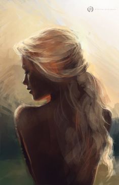 a digital painting of a woman's back with her hair blowing in the wind