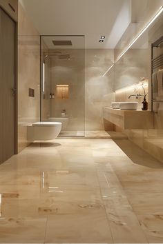 a modern bathroom with marble flooring and walls