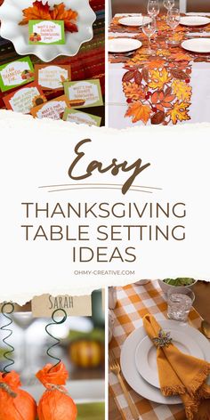 thanksgiving table setting with pumpkins, place settings and place cards on the tables for guests to enjoy