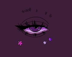 an eye with purple and pink stars around it on a dark background that is drawn by hand