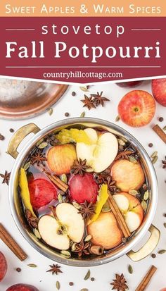 an apple cider with apples and cinnamons in it, surrounded by autumn leaves