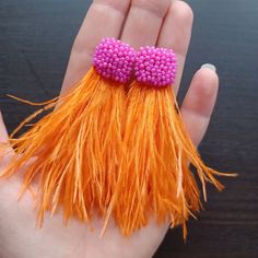 Fluffy Earrings, Pink Beaded Earrings, Badass Style, Ostrich Feathers, Earrings Pink, Feather Earrings, Wedding Earrings, Long Earrings, Orange Pink