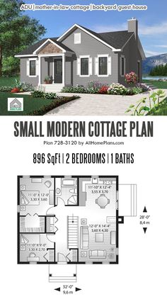 the small modern cottage plan is shown in two different colors and sizes, with an open floor