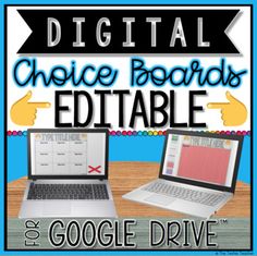 two laptops sitting side by side with the words digital choice boards editable and google drive