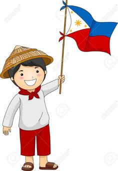 a boy holding a flag and wearing a straw hat