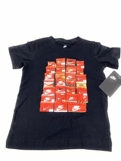 Nike Short Sleeve T-Shirt Boys Sz 4. Black with Nike boxes on the front. New Casual Logo Print T-shirt For Gift, Casual Logo Print T-shirt As Gift, Casual T-shirt With Logo Print For Gift, Cotton Tops With Graphic Design, Cotton Graphic Design Top As Gift, Nike Boxes, Nike Sweatsuit, Nike Box, Cute Nike