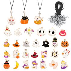 various halloween themed items are shown on a white background, including charms and necklaces