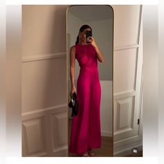 Sleeveless Round Neck Jumpsuit. Front Ruching At Waistband. Wide Leg. Back Hidden In-Seam Zip Closure. Fuchsia Color Size M, L New With Tag Jumpsuit Styling, Zara Jumpsuit, Jumpsuit Elegant, Fuchsia Color, Zara Pants, Dressy Casual, Jumpsuits For Women, Pant Jumpsuit, Round Neck