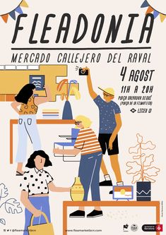 a poster for the festival with people standing around and looking at items on display in front of them