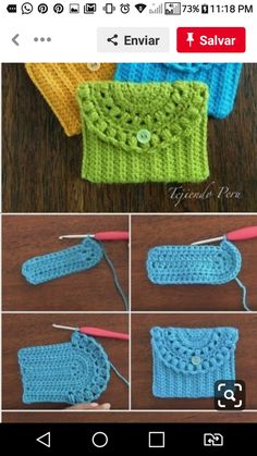 the crocheted purse is being made with yarn