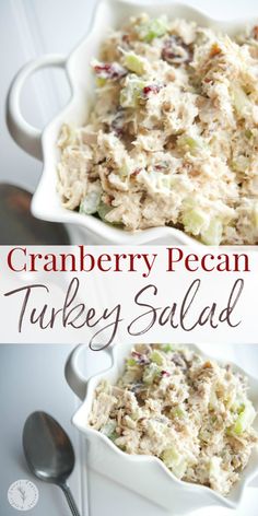 cranberry pecan turkey salad in a white serving dish