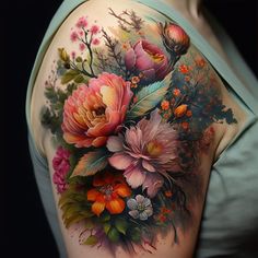 a woman's shoulder with flowers and leaves painted on the back of her body