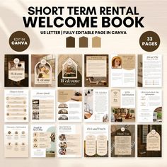 the front and back cover of a short term rental welcome book, with images of different rooms