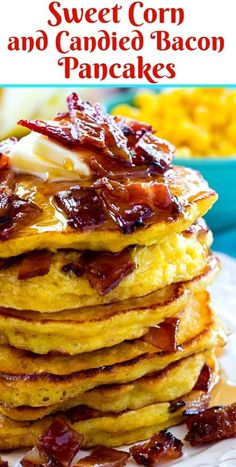 stack of pancakes with bacon and butter on top