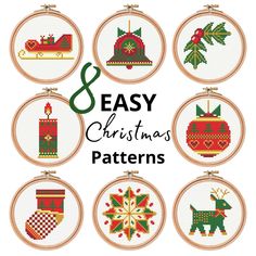 cross stitch christmas ornaments with the words 8 easy christmas patterns in each hoop on top