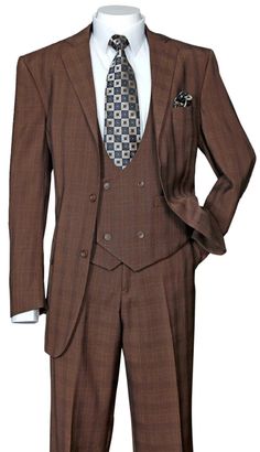 Brown Plaid 3 Piece Wool Feel Fashion Suit 5702V6 Available in REGULAR AND LONG FIT 3 Piece Includes Jacket, Vest, Pants Single Breasted 2 Buttons Two Side Vents Flat Front Pants Luxurious Wool Feel 32" Length Jacket Plaid Suit Men, Windowpane Suit, Suit Styles, Cheap Suits, Double Breasted Vest, Brown Suit, Windowpane Plaid, Church Suits, Suit Pattern